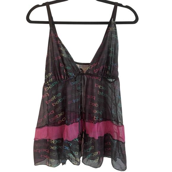 Y2K Bebe Babydoll Cami Tank Top See Thru Black Lace Whimsigoth Fairy Grunge 90s - Picture 4 of 7